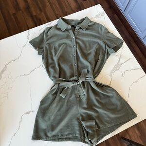 BCX Olive Green Short Sleeve Button Romper with Tie Waist